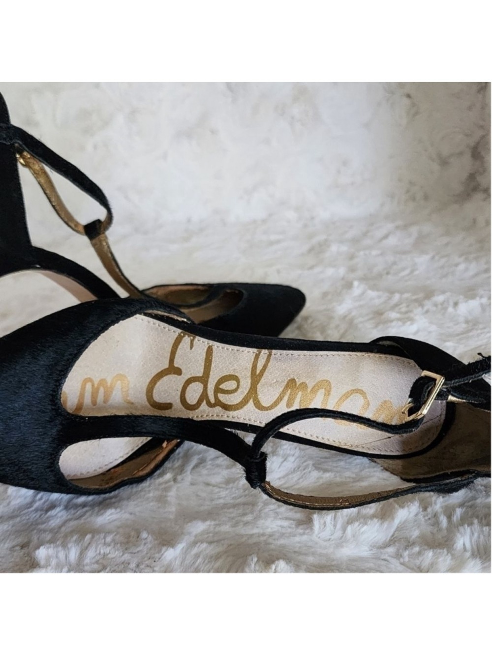 Sam Edelman Black and Gold Calf Hair Tstrap Heels Sz 5 - Picture 7 of 15
